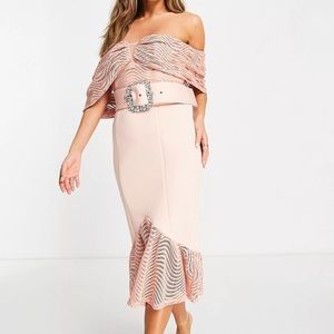 ASOS DESIGN bardot lace midi dress with peplum hem and belt detail in dusky pink